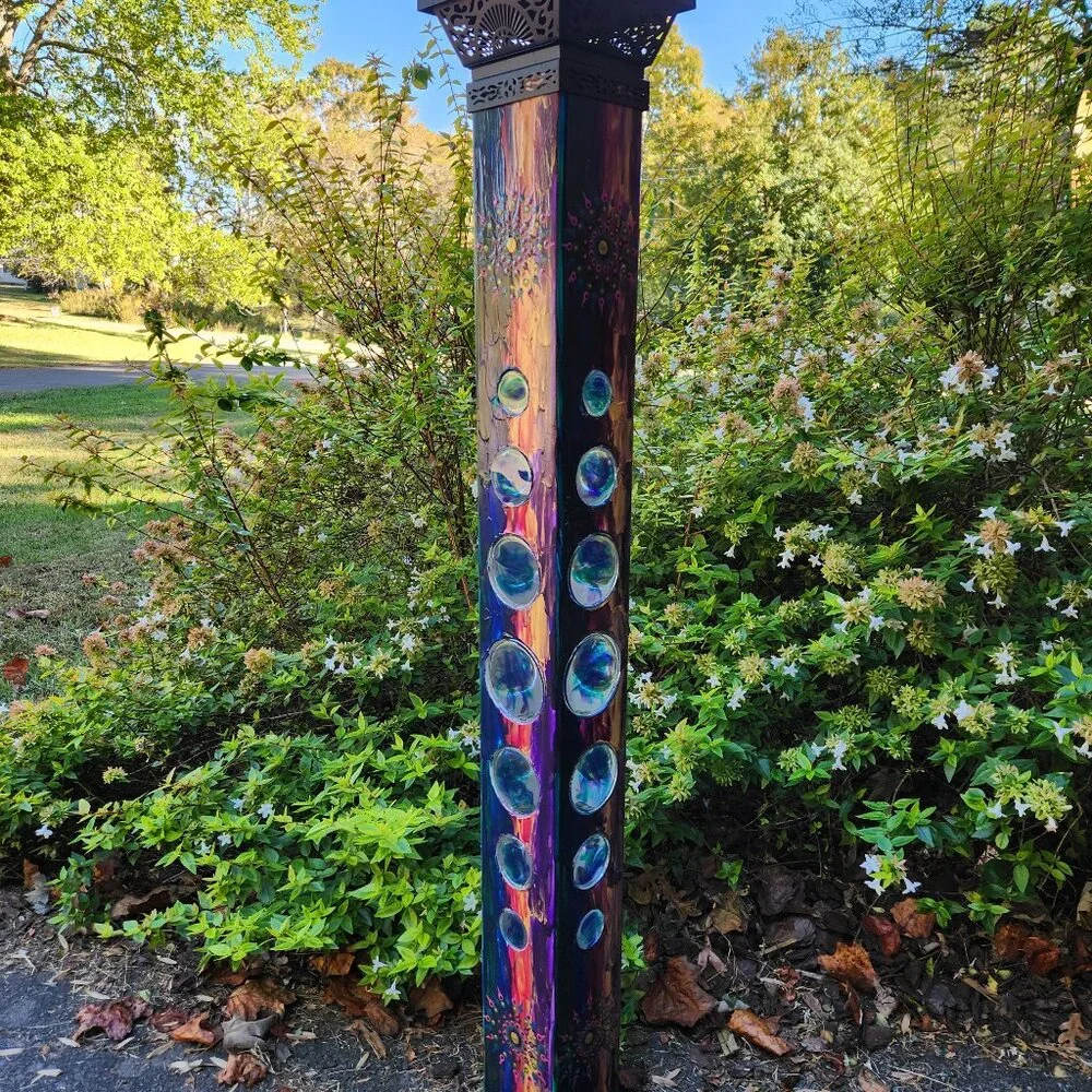 Garden Peace Pole Hand Painted w/ Solar Light Cap & Wire Stand Lighted 4 Sided